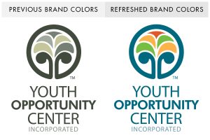 Old and new YOC brand logos. On the left are the previous brand colors (various shades of green). On the right are the refreshed brand colors; blue, green, yellow, and red.