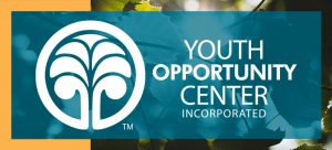 The YOC logo in white, layered with blue and yellow rectangles over a subtle texture of leaves.